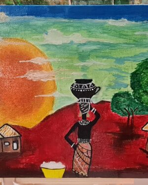 African Village Sunset Acrylic Painting