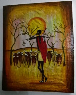Hand-Painted African Canvas Art – Rustic Cattle Scene