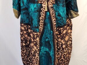 African Dera Dress - Turquoise and Brown Batik with Embroidered Neckline