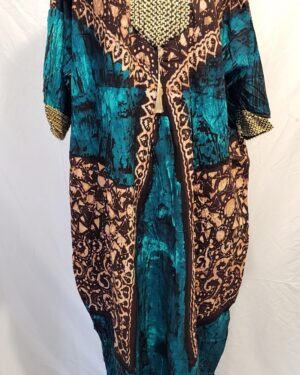 African Dera Dress - Turquoise and Brown Batik with Embroidered Neckline