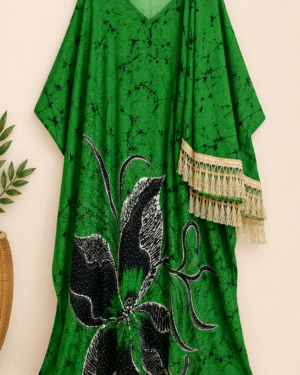 Green & Black African Print Cotton Dera Set with Gold Fringe Trim