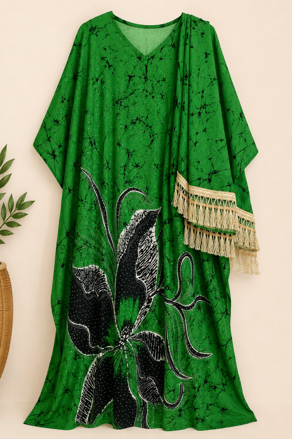 Green & Black African Print Cotton Dera Set with Gold Fringe Trim