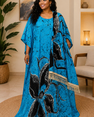 Blue & Black Dera Gown with Matching Scarf and Gold Fringe Trim
